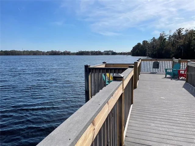 a view of a terrace with a lake view