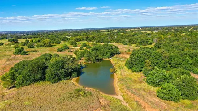 a view of a lake with large trees
