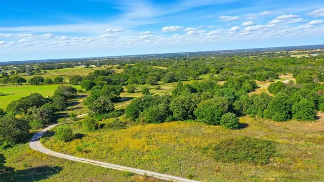 an aerial view of residential houses with outdoor space and trees