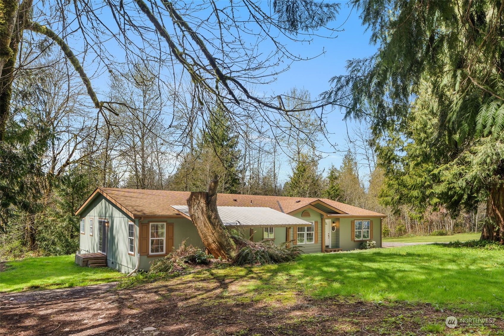 a view of house with a big yard and large trees