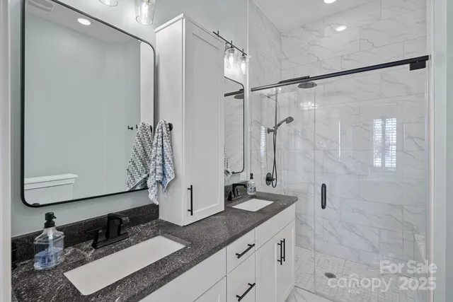 a bathroom with a double vanity sink mirror and shower