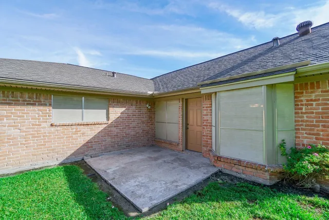 a view of a backyard with plants and large tree