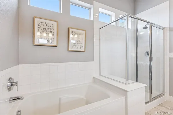 a bathroom with a bathtub and a shower