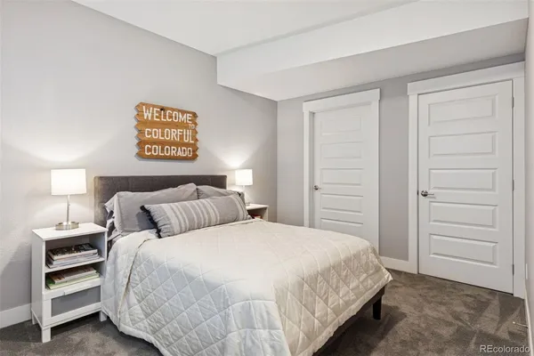 a bedroom with a bed and a closet