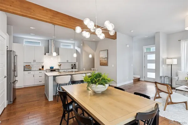 a view of a dining room with furniture and wooden floor