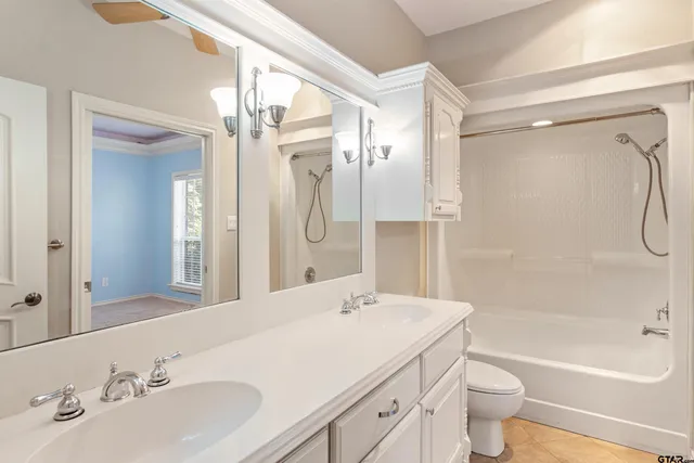 a bathroom with a bathtub shower sink mirror vanity and toilet