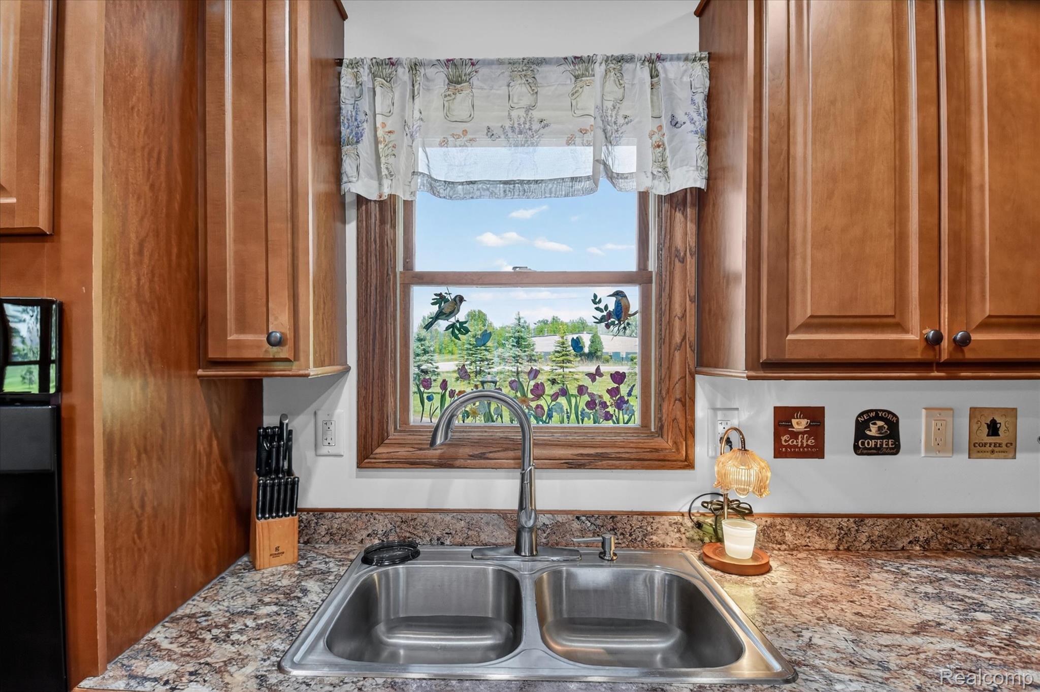3949 West Burns Line Road Brown City, MI 48416 - Photo 19 of 70 Double basin stainless steel sink with a high-arc faucet, set against a speckled countertop