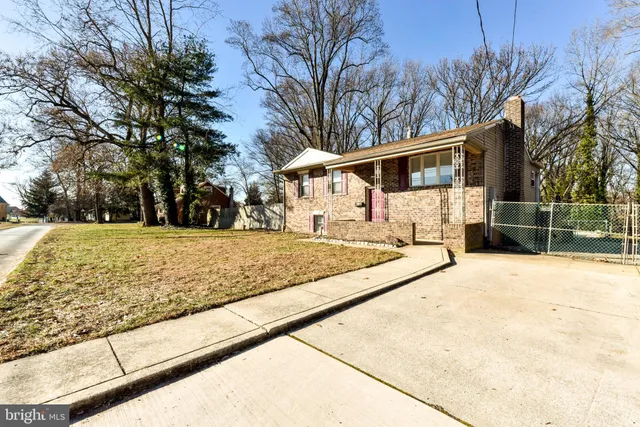 a backyard of a house with large trees and wooden fence