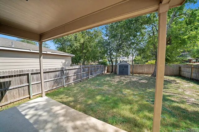a view of a backyard with a tree