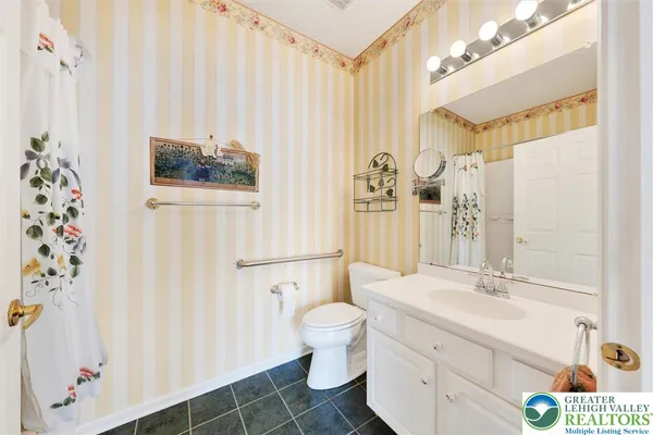 a bathroom with a sink a toilet and shower curtain