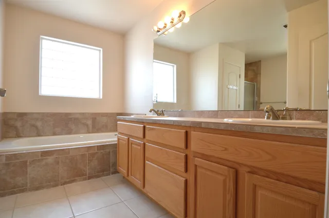 a bathroom with a tub sink and mirror