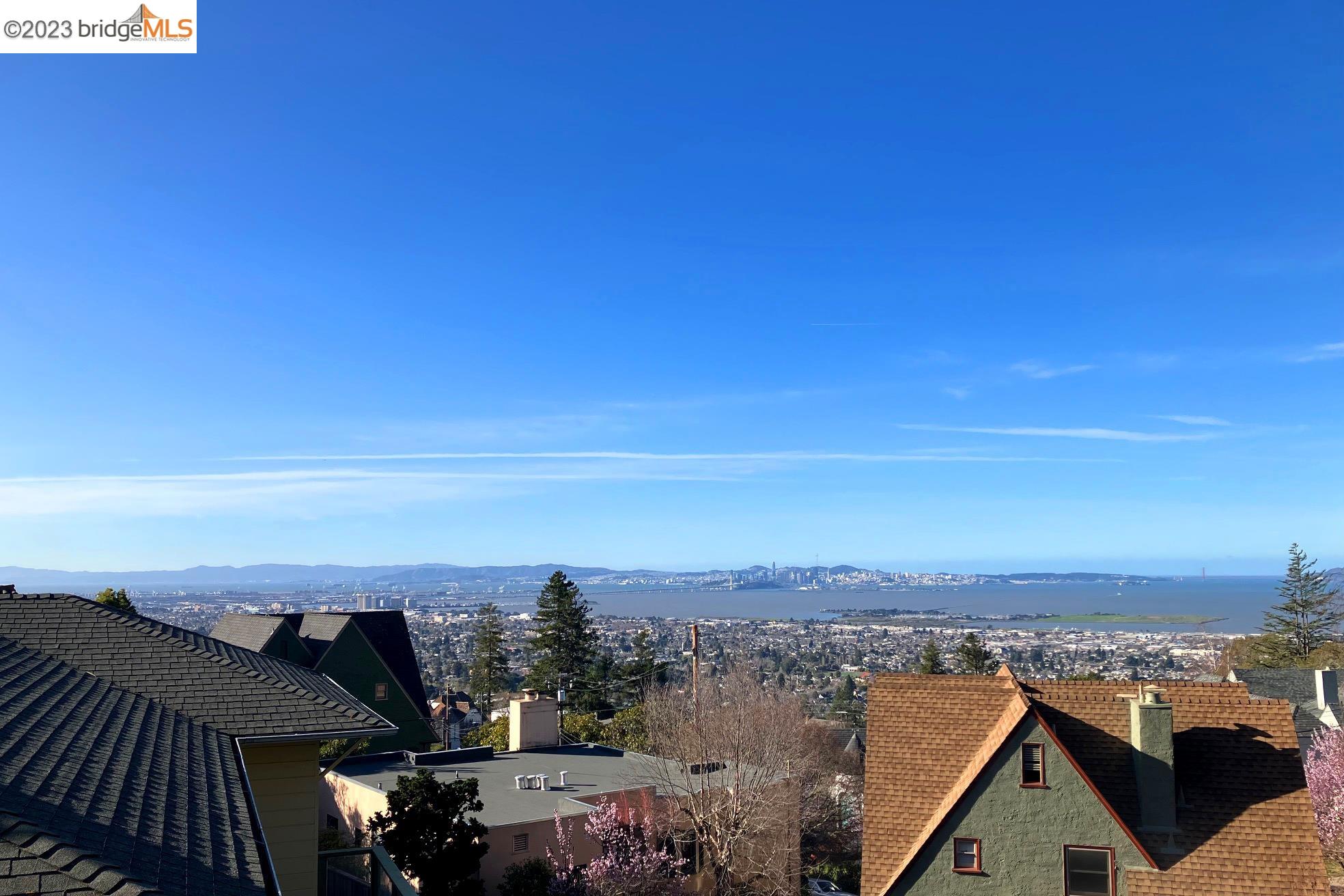 a view of a city and sunset