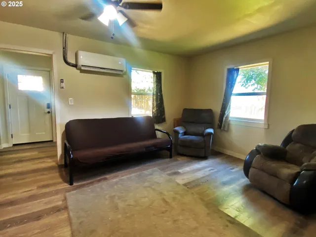 a living room with a couch and a potted plant