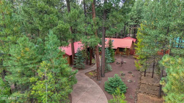 an aerial view of a house with a yard and trees