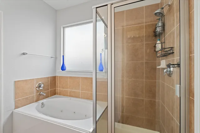 a bathroom with a bath tub and shower