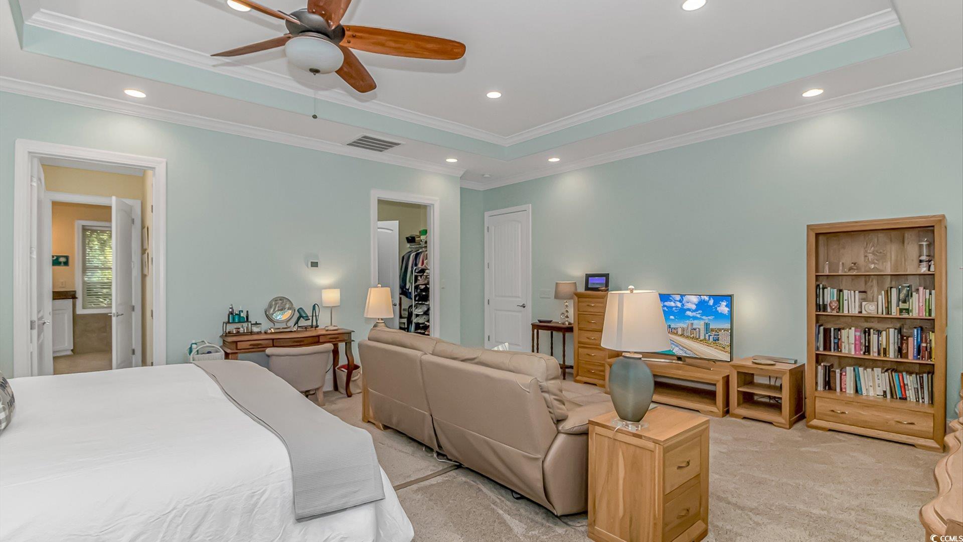 88 Gillette Place Murrells Inlet, SC 29576 - Photo 19 of 40 Bedroom with light carpet, a tray ceiling, and rec