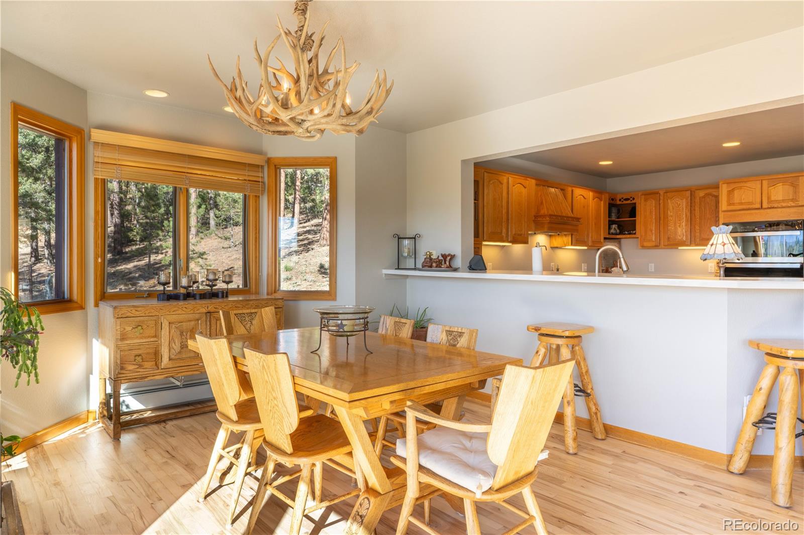 318 Rd D Pine, CO 80470 - Photo 11 of 50 a dining room with furniture a chandelier and wooden floor