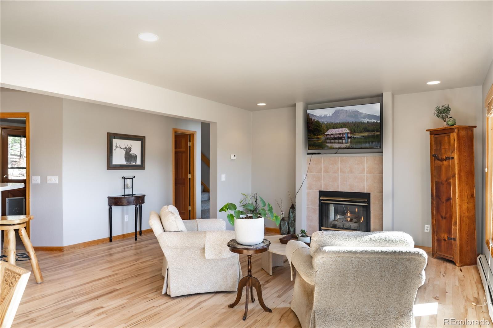 318 Rd D Pine, CO 80470 - Photo 7 of 50 a living room with furniture a fireplace and a flat screen tv