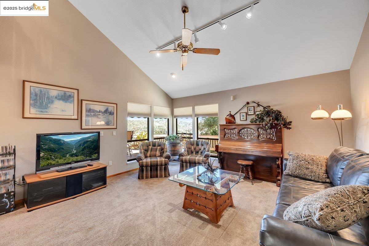 13700 Clements Road Groveland, CA 95321 - Photo 42 of 93 Living area featuring high vaulted ceiling, carpet flooring, and a ceiling fan