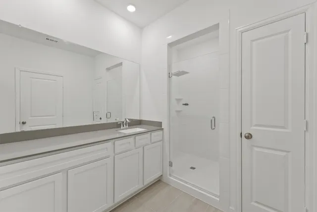 a bathroom with a shower and vanity