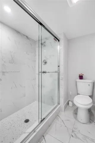 a bathroom with a shower and a toilet