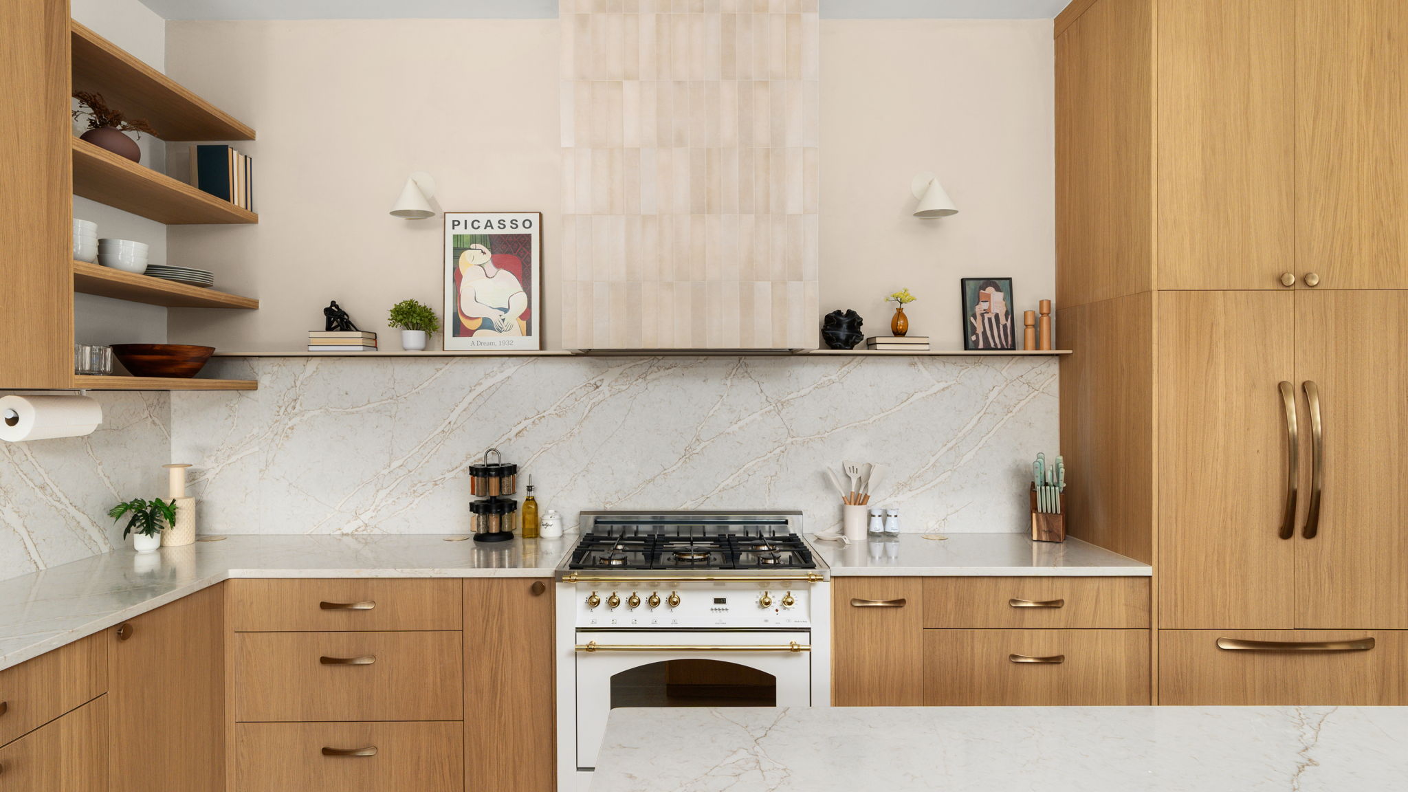 Undisclosed Address Austin, TX 78702 - Photo 6 of 38 Kitchen with modern cabinets, light stone countertops, wood finish cabinetry, backsplash, and open shelves
