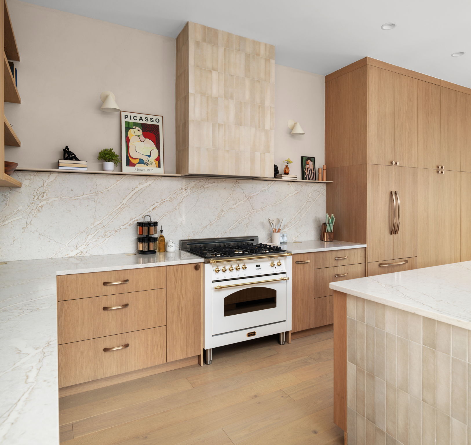 Undisclosed Address Austin, TX 78702 - Photo 7 of 38 Kitchen with open shelves, light stone counters, high end range, modern cabinets, and backsplash