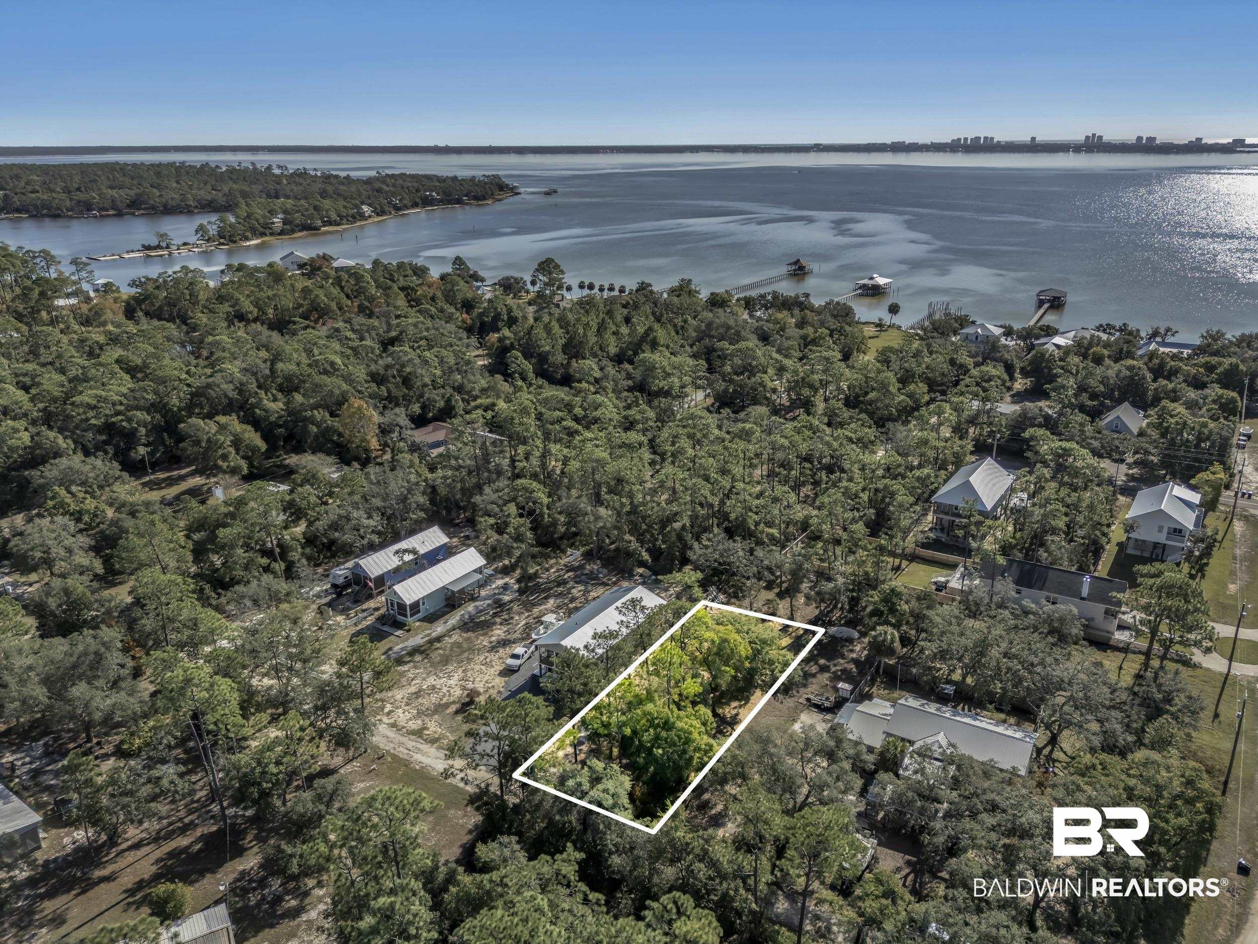 Pine Street Elberta, AL 36530 - Photo 3 of 13 Aerial view of property's location featuring property parcel outlined and a large body of water