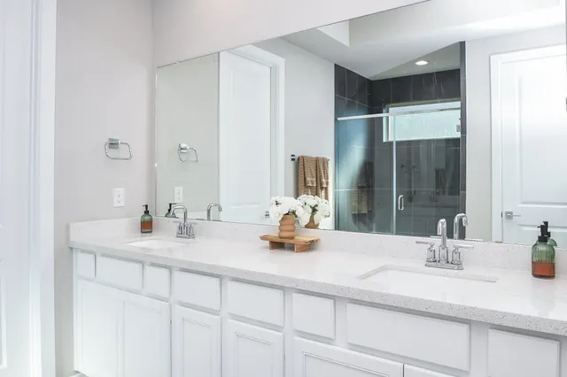 a bathroom with a shower and a sink