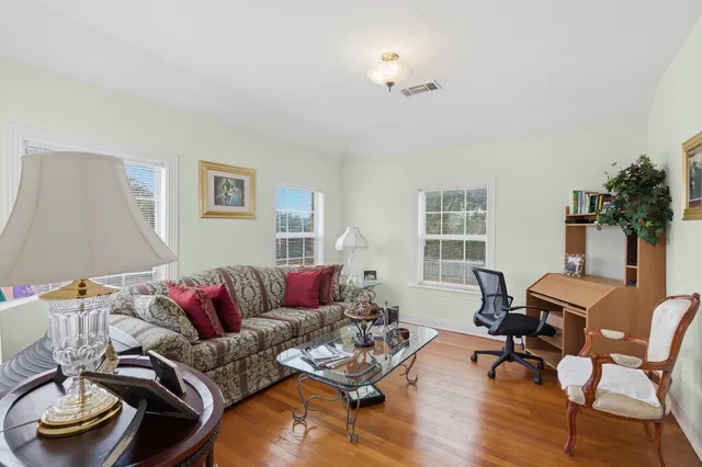 a living room with furniture and a potted plant