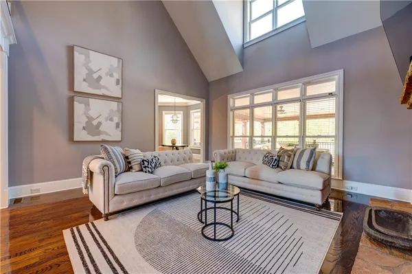 a living room with furniture a rug potted plant and a large window