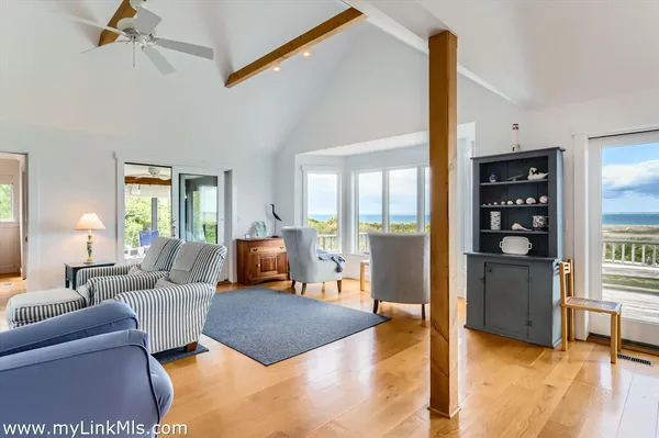 a living room with furniture and a floor to ceiling window