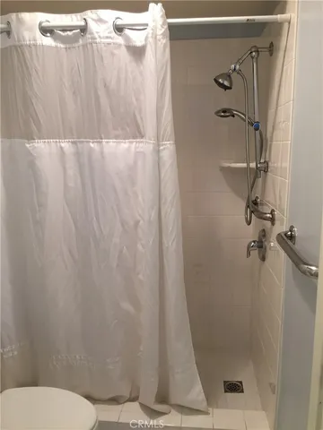 a bathroom with a shower and a toilet