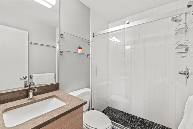 a bathroom with a sink toilet vanity and shower