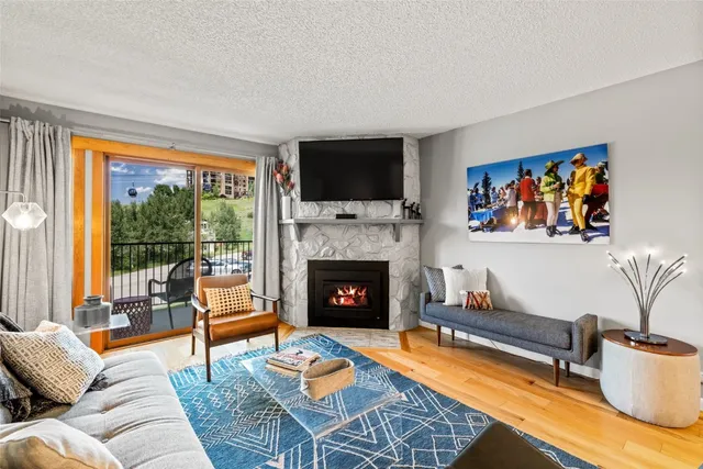a living room with furniture a flat screen tv and a fireplace