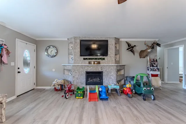 a living room with fireplace furniture and a flat screen tv