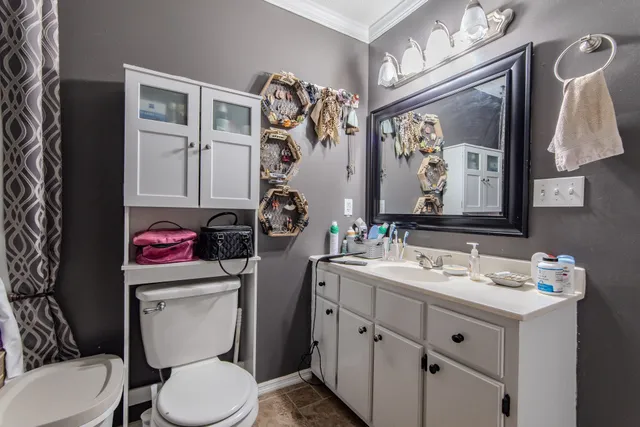 a bathroom with a sink toilet vanity and shower