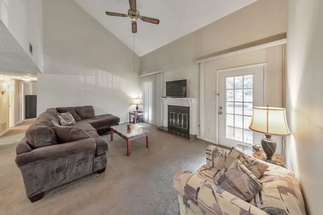 a living room with furniture and a fireplace
