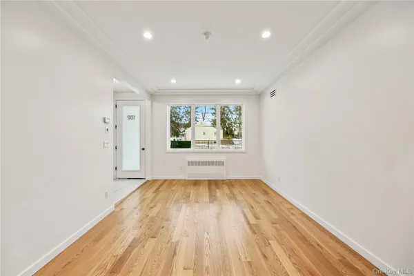 a view of a hallway with wooden floor and a potted plant