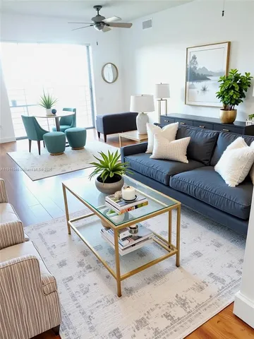 a living room with furniture and a rug
