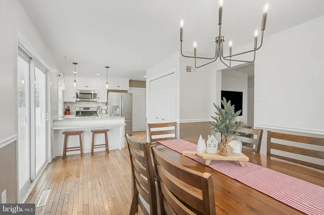 a view of a kitchen and dining room with wooden floor