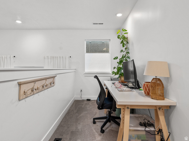 627 South Meade Street Mapleton, UT 84664 - Photo 17 of 37 Bright workspace featuring a window with privacy blinds, recessed lighting, and carpet flooring
