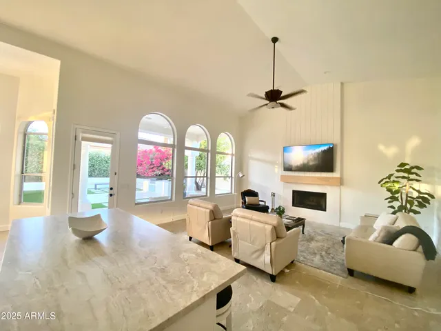 a living room with furniture garden view and a fireplace