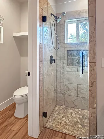 a bathroom with a shower and a toilet