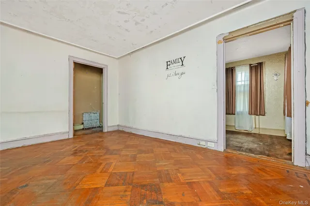 an empty room with a bathroom