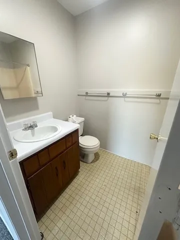 a bathroom with a sink a toilet a mirror and vanity