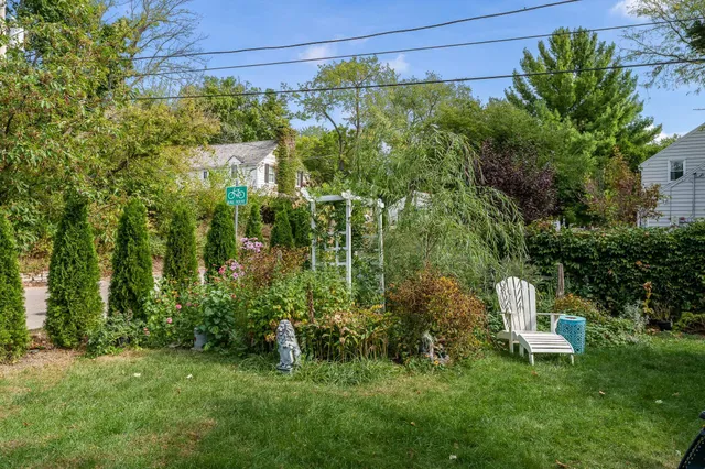 a view of a patio with table and chairs potted plants and large tree