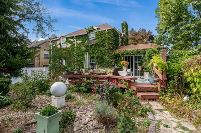 a view of a park with large trees