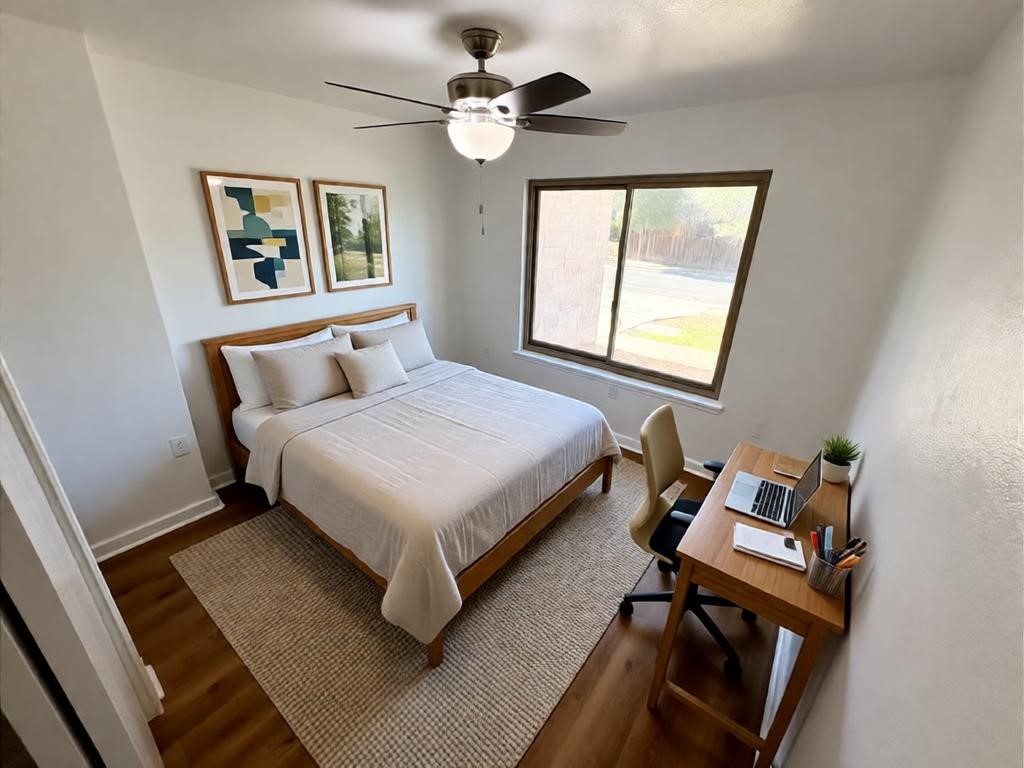 8003 Bannock Lane Austin, TX 78747 - Photo 30 of 40 This inviting room features wood-style flooring, a ceiling fan, and a window providing natural light