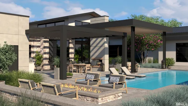 a view of a house with backyard porch and sitting area